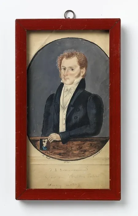Framed Print : Johann Ludolph Schladermund holding his Wife's Portrait (poorly painted), 1832. Creator: A. Bull Framed Print : Johann Ludolph Schladermund holding his Wife's Portrait (poorly painted), 1832. Creator: A. Bull