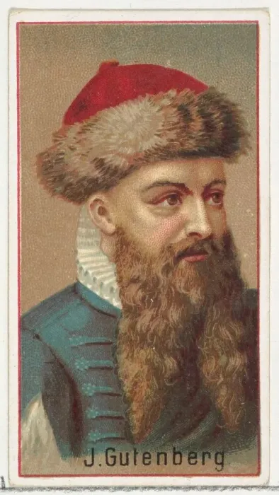 Framed Print : Johannes Gutenberg, printers sample for the Worlds Inventors souvenir album (A25 Framed Print : Johannes Gutenberg, printers sample for the Worlds Inventors souvenir album (A25