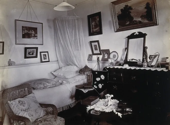 Framed Print : Johannesburg Hospital, South Africa: bed and sitting room, possibly staff quarters, c1905. Creator: Unknown Framed Print : Johannesburg Hospital, South Africa: bed and sitting room, possibly staff quarters, c1905. Creator: Unknown