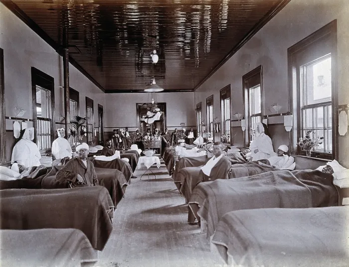 Framed Print : Johannesburg Hospital, South Africa: hospital ward with male patients, many with bandaged...c1905. Creator: Unknown Framed Print : Johannesburg Hospital, South Africa: hospital ward with male patients, many with bandaged...c1905. Creator: Unknown