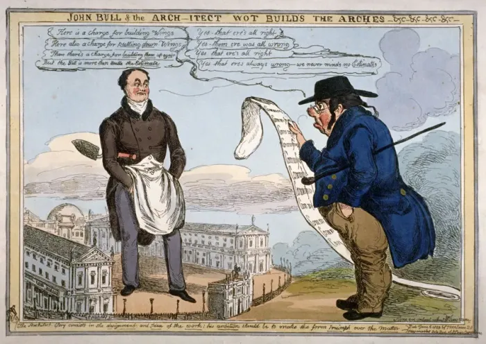 Framed Print : John Bull & the arch-itect wot builds the arches - &c - &c - &c - &c, 1829 Framed Print : John Bull & the arch-itect wot builds the arches - &c - &c - &c - &c, 1829