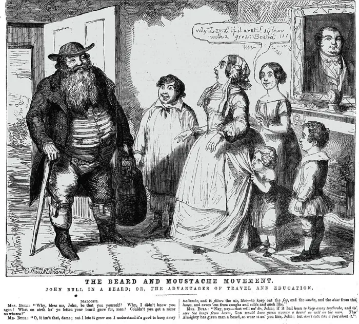 Framed Print : John Bull in a Beard; The Beard and Moustache Movement, 1854. Creator: George Cruikshank Framed Print : John Bull in a Beard; The Beard and Moustache Movement, 1854. Creator: George Cruikshank