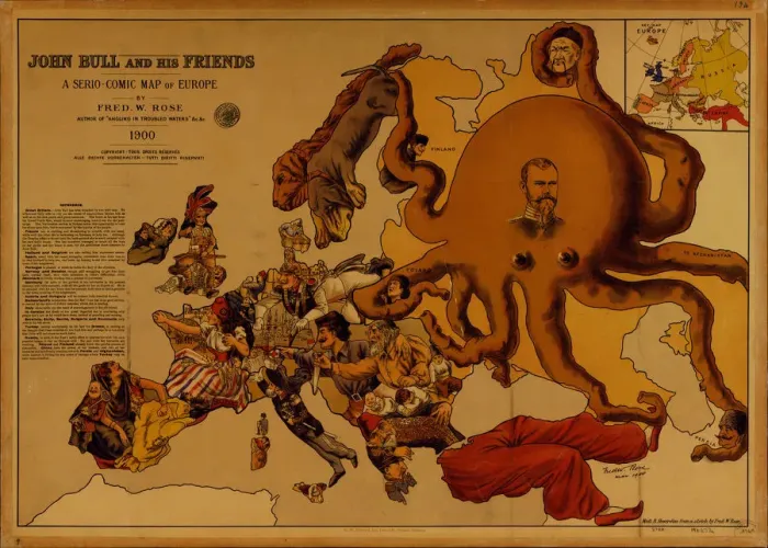 Framed Print : John Bull and his Friends. A Serio-Comic Map of Europe. Artist: Fred W. Rose (active End of 19th cen. ) Framed Print : John Bull and his Friends. A Serio-Comic Map of Europe. Artist: Fred W. Rose (active End of 19th cen. )