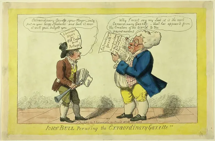 Framed Print : John Bull Perusing the Extraordinary Gazette, published October 10, 1808. Creator: Isaac Cruikshank Framed Print : John Bull Perusing the Extraordinary Gazette, published October 10, 1808. Creator: Isaac Cruikshank