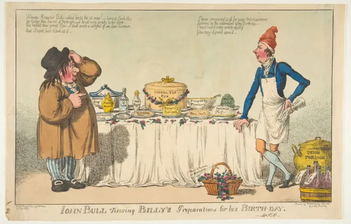 Framed Print : John Bull Viewing Billys Preparations for his Birth-day, May 18, 1802 Framed Print : John Bull Viewing Billys Preparations for his Birth-day, May 18, 1802