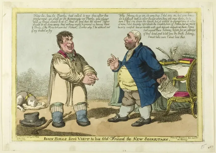 Framed Print : John Bulls First Visit to his Old Friend the New Secretary, published March 3, 1806 Framed Print : John Bulls First Visit to his Old Friend the New Secretary, published March 3, 1806