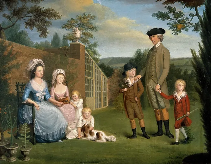 Framed Print : John Coakley Lettsom, physician, with his family, in the garden of Grove Hill, Camberwell, (1786?). Creator: Unknown