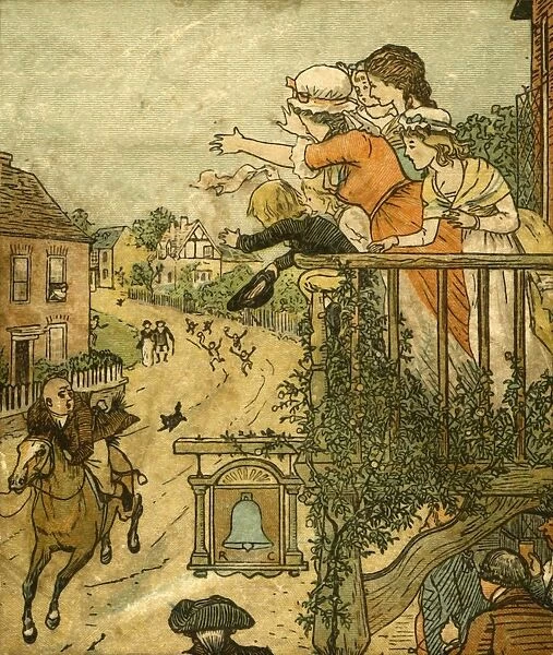 John Gilpin gallops past the Bell Inn as his wife and children wave from the balcony, 1878, (c1918)