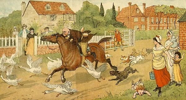 John Gilpin gallops through a village, 1878, (c1918). Creator: Randolph Caldecott