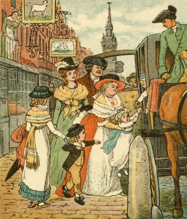 Framed Print : John Gilpin sees his family off in a chaise-and-pair, 1878, (c1918). Creator: Randolph Caldecott Framed Print : John Gilpin sees his family off in a chaise-and-pair, 1878, (c1918). Creator: Randolph Caldecott