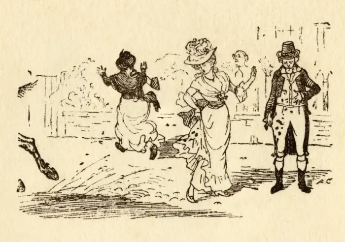 Framed Print : John Gilpins horse splashes mud on a womans dress, 1878, (c1918). Creator: Randolph Caldecott Framed Print : John Gilpins horse splashes mud on a womans dress, 1878, (c1918). Creator: Randolph Caldecott