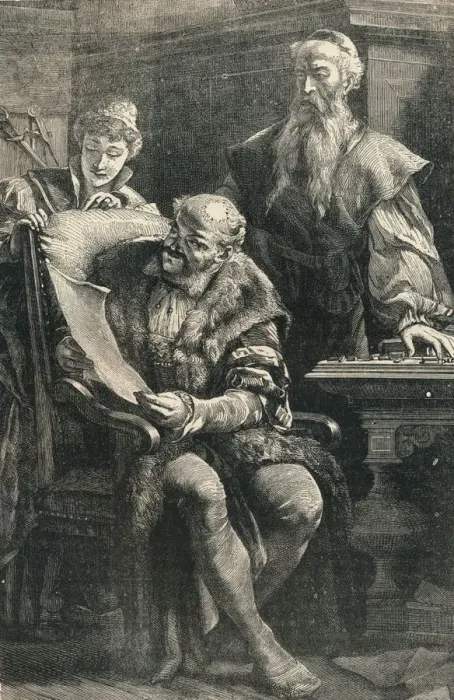 Framed Print : John Gutenberg Showing Part of the First Printed Book to Faust, (14th century), c1910 Framed Print : John Gutenberg Showing Part of the First Printed Book to Faust, (14th century), c1910