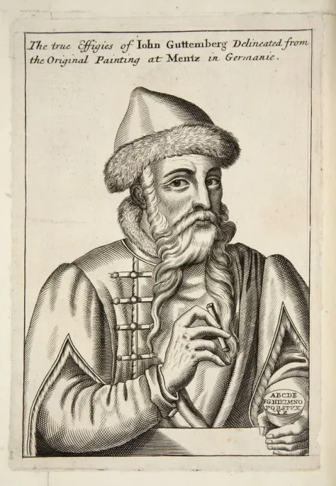 Framed Print : John Guttemberg, pub. 1683 (engraving). Creator: Albrecht Mentz (15th Century) after Framed Print : John Guttemberg, pub. 1683 (engraving). Creator: Albrecht Mentz (15th Century) after