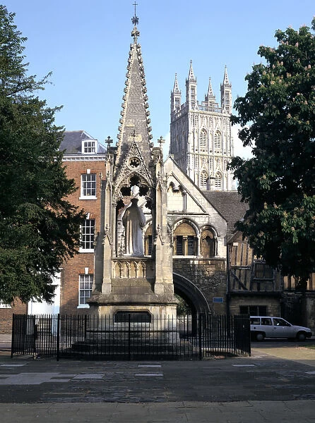 John Hooper Memorial, St Marys Gate and Gloucester Cathedral, Gloucestershire