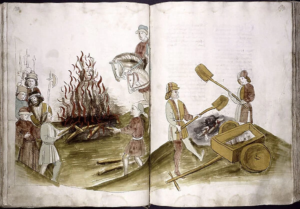 John Hus is burnt at the stake July 6, 1415 and his ashes are cast into the Rhine (from: Ulrich Richental Chronicle of the Coun, 1414-1418. Artist: Anonymous