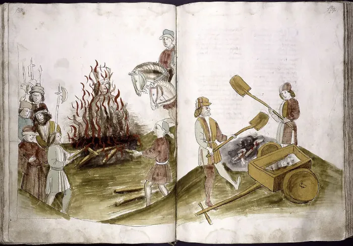 Framed Print : John Hus is burnt at the stake July 6, 1415 and his ashes are cast into the Rhine (from: Ulrich Richental Chronicle of the Coun, 1414-1418. Artist: Anonymous Framed Print : John Hus is burnt at the stake July 6, 1415 and his ashes are cast into the Rhine (from: Ulrich Richental Chronicle of the Coun, 1414-1418. Artist: Anonymous