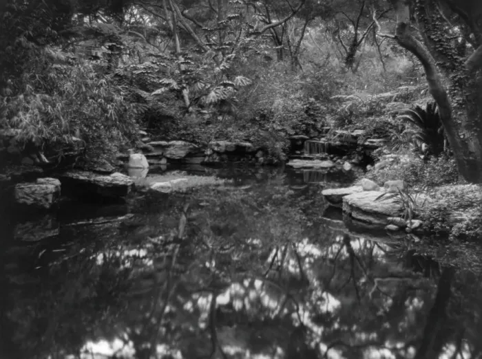 Framed Print : John L. Severance House, Pasadena, California. Waterfall and pond, 1923. Creator: Frances Benjamin Johnston Framed Print : John L. Severance House, Pasadena, California. Waterfall and pond, 1923. Creator: Frances Benjamin Johnston