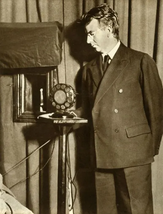 Framed Print : John Logie Baird watching the first play to be televised, 14 July 1930, (1935). Creator: Unknown Framed Print : John Logie Baird watching the first play to be televised, 14 July 1930, (1935). Creator: Unknown