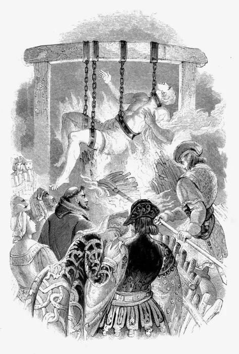 Framed Print : John Oldcastle, Lollard leader, hung and burnt hanging for denying transubstantiation, 1417(1848) Framed Print : John Oldcastle, Lollard leader, hung and burnt hanging for denying transubstantiation, 1417(1848)