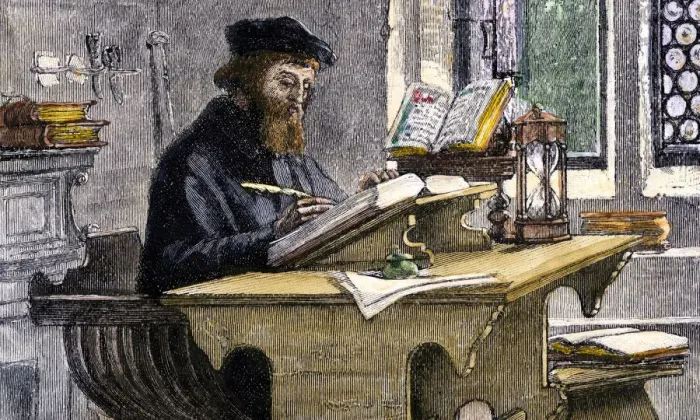 Framed Print : John Wycliffe at work, 19th century. Artist: Anonymous Framed Print : John Wycliffe at work, 19th century. Artist: Anonymous