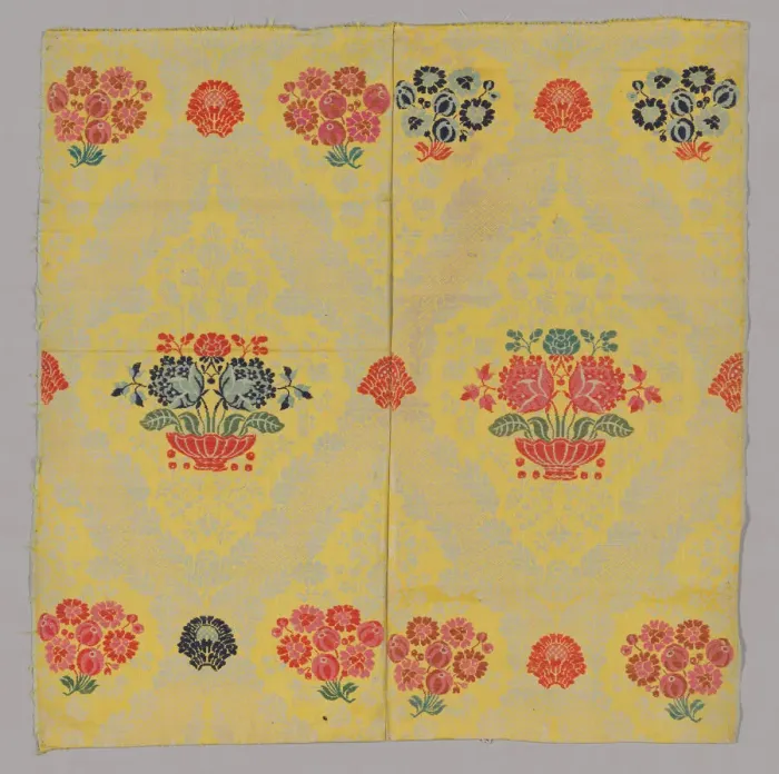 Framed Print : Two Joined Panels of Brocaded Yellow Furnishing Wool, England, c. 1720s. Creator: Unknown Framed Print : Two Joined Panels of Brocaded Yellow Furnishing Wool, England, c. 1720s. Creator: Unknown