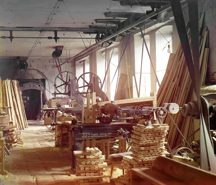 Framed Print : Joining shop for the production of scabbards at the Zlatoust plant, 1910. Creator: Sergey Mikhaylovich Prokudin-Gorsky Framed Print : Joining shop for the production of scabbards at the Zlatoust plant, 1910. Creator: Sergey Mikhaylovich Prokudin-Gorsky