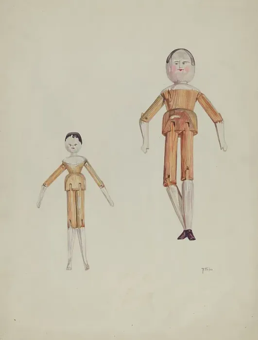 Framed Print : Jointed Wooden Dolls, 1935 / 1942. Creator: Arelia Arbo
