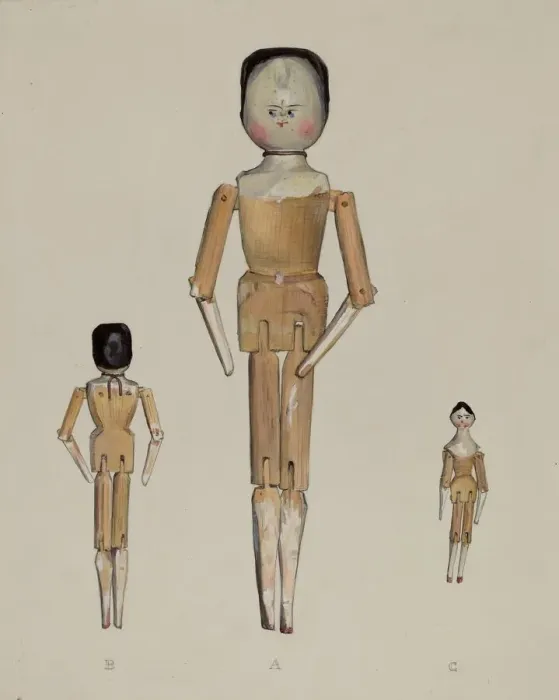 Framed Print : Jointed Wooden Dolls, c. 1936. Creator: Jane Iverson Framed Print : Jointed Wooden Dolls, c. 1936. Creator: Jane Iverson