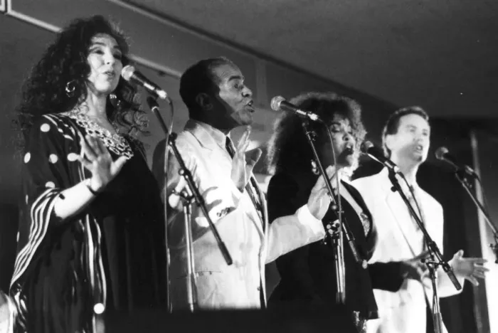 Framed Print : Jon Hendricks with three unidentified singers, c1998. Creator: Brian Foskett Framed Print : Jon Hendricks with three unidentified singers, c1998. Creator: Brian Foskett