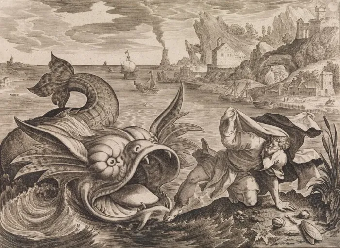 Framed Print : Jonah Cast on Shore by the Fish, ca. 1585. Creators: Antonius Wierix, Hieronymous Wierix