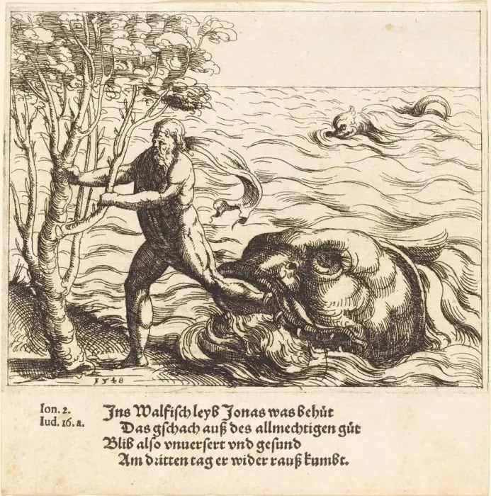 Framed Print : Jonah is Delivered from the Whale, 1548. Creator: Augustin Hirschvogel Framed Print : Jonah is Delivered from the Whale, 1548. Creator: Augustin Hirschvogel