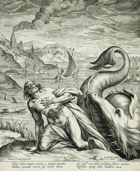 Framed Print : Jonah Spat Up by the Whale, c1582. Creator: Johann Sadeler I Framed Print : Jonah Spat Up by the Whale, c1582. Creator: Johann Sadeler I