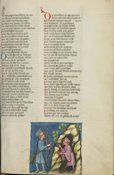 Framed Print : Jonathan Giving his Bow to David; Weltchronik, about 1400-1410. Creator: Unknown