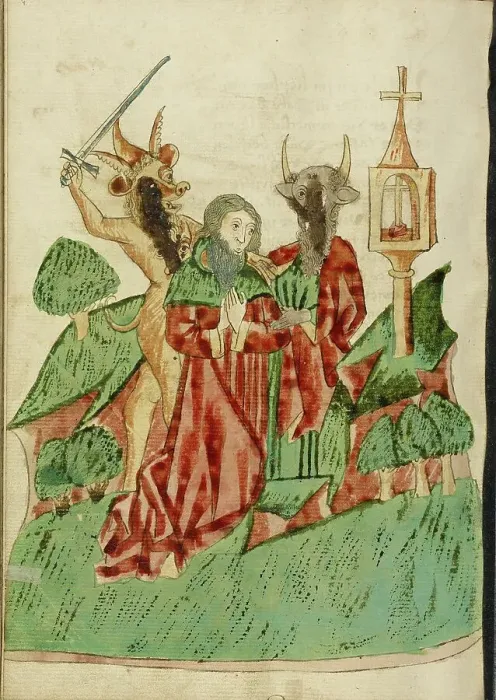 Framed Print : Josaphat Attacked by Two Demons; Barlaam und Josaphat, 1469. Creators: Hans Schilling, Diebolt Lauber Framed Print : Josaphat Attacked by Two Demons; Barlaam und Josaphat, 1469. Creators: Hans Schilling, Diebolt Lauber