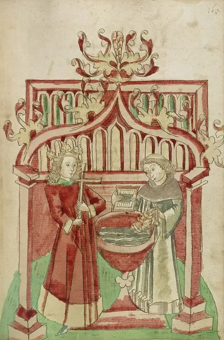 Framed Print : Josaphat before the Baptismal Font with a Tonsured Cleric; Barlaam und Josaphat, 1469. Creators: Hans Schilling, Diebolt Lauber Framed Print : Josaphat before the Baptismal Font with a Tonsured Cleric; Barlaam und Josaphat, 1469. Creators: Hans Schilling, Diebolt Lauber
