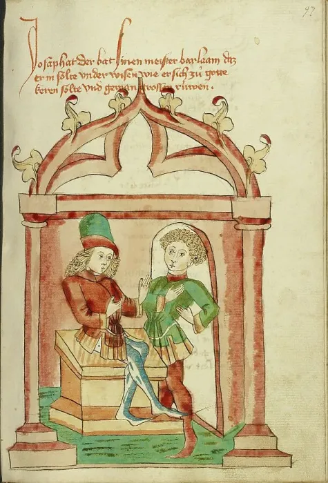 Framed Print : Josaphat and Barlaam in Conversation; Barlaam und Josaphat, 1469. Creators: Hans Schilling, Diebolt Lauber Framed Print : Josaphat and Barlaam in Conversation; Barlaam und Josaphat, 1469. Creators: Hans Schilling, Diebolt Lauber