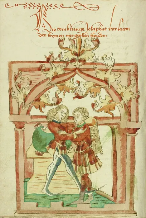 Framed Print : Josaphat and Barlaam Embracing, 1469. Creator: Unknown Framed Print : Josaphat and Barlaam Embracing, 1469. Creator: Unknown