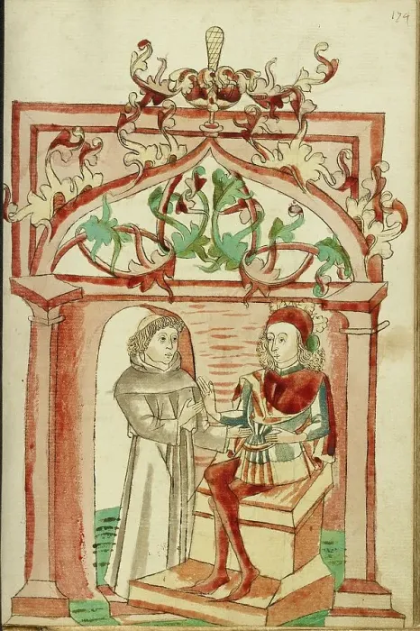Framed Print : Josaphat Enthroned Speaking to Barlaam Dressed as a Monk; Barlaam und Josaphat, 1469. Creators: Hans Schilling, Diebolt Lauber Framed Print : Josaphat Enthroned Speaking to Barlaam Dressed as a Monk; Barlaam und Josaphat, 1469. Creators: Hans Schilling, Diebolt Lauber