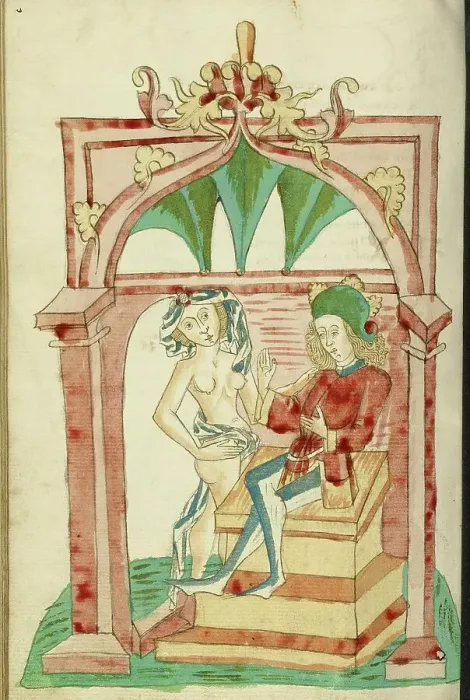 Framed Print : Josaphat Enthroned Tempted by a Naked Woman; Barlaam und Josaphat, 1469. Creators: Hans Schilling, Diebolt Lauber Framed Print : Josaphat Enthroned Tempted by a Naked Woman; Barlaam und Josaphat, 1469. Creators: Hans Schilling, Diebolt Lauber