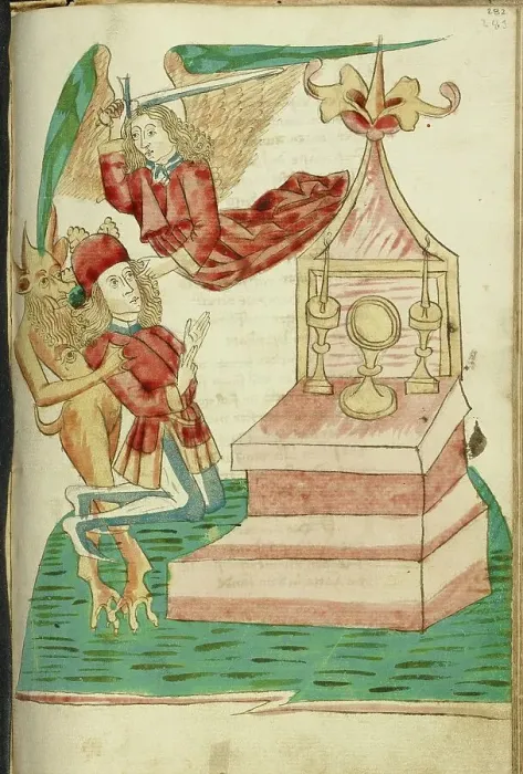 Framed Print : Josaphat in Prayer is Tempted by the Devil But Protected by an Angel; Barlaam und Josaphat, 1469. Creators: Hans Schilling, Diebolt Lauber Framed Print : Josaphat in Prayer is Tempted by the Devil But Protected by an Angel; Barlaam und Josaphat, 1469. Creators: Hans Schilling, Diebolt Lauber