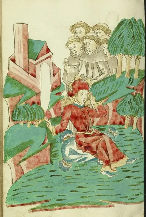 Framed Print : Josaphat sits Dreaming in a Landscape, with Several Monks in the Background, 1469. Creators: Hans Schilling, Diebolt Lauber Framed Print : Josaphat sits Dreaming in a Landscape, with Several Monks in the Background, 1469. Creators: Hans Schilling, Diebolt Lauber