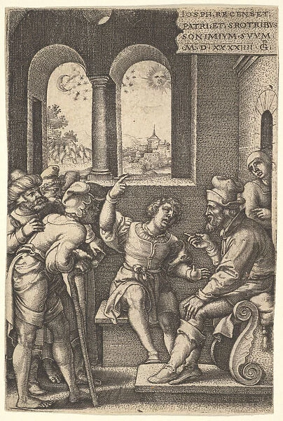Joseph explains his dream to his brothers and father in an interior setting; the sun