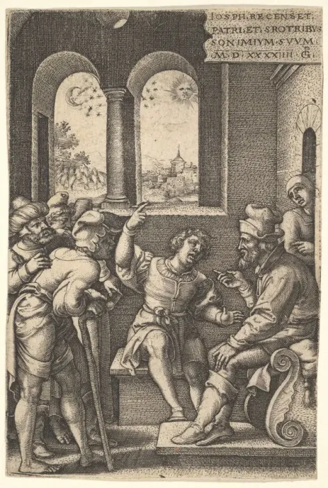Framed Print : Joseph explains his dream to his brothers and father in an interior setting; the sun Framed Print : Joseph explains his dream to his brothers and father in an interior setting; the sun