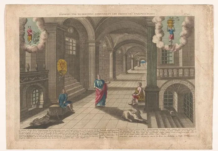 Framed Print : Joseph explains the dreams of the baker and the cupbearer, 1700-1799. Creator: Anon Framed Print : Joseph explains the dreams of the baker and the cupbearer, 1700-1799. Creator: Anon
