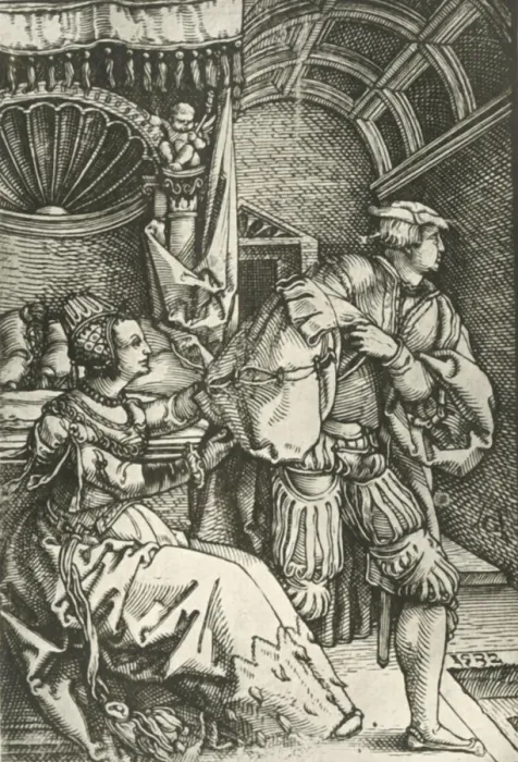 Framed Print : Joseph Fleeing from Potiphars Wife, c1532, (1908). Creator: Heinrich Aldegrever Framed Print : Joseph Fleeing from Potiphars Wife, c1532, (1908). Creator: Heinrich Aldegrever