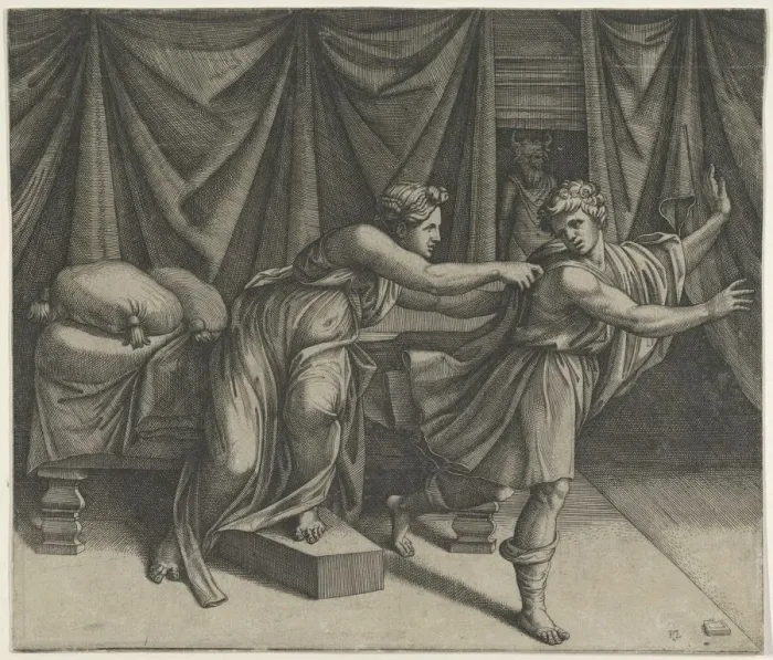 Framed Print : Joseph fleeing from Potiphars wife, ca. 1515-25. Creator: Marcantonio Raimondi Framed Print : Joseph fleeing from Potiphars wife, ca. 1515-25. Creator: Marcantonio Raimondi