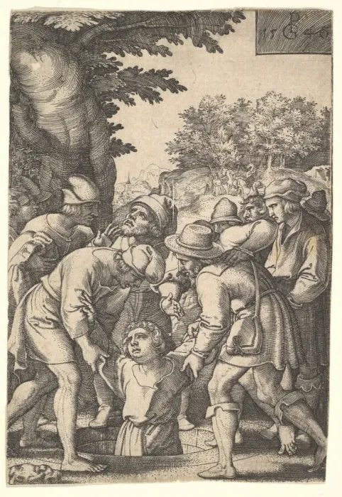 Framed Print : Joseph lowered into a well by his brothers, from the series The Story of Joseph, 1546 Framed Print : Joseph lowered into a well by his brothers, from the series The Story of Joseph, 1546