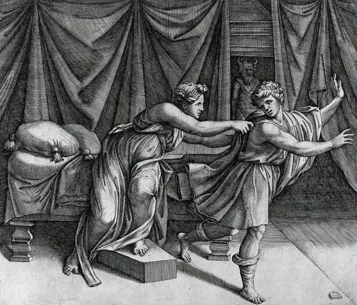 Framed Print : Joseph and Potiphar's Wife, c1520. Creator: Marcantonio Raimondi Framed Print : Joseph and Potiphar's Wife, c1520. Creator: Marcantonio Raimondi