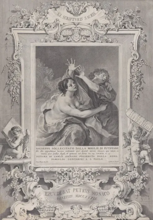Framed Print : Joseph and Potiphars wife, within an ornate frame, 1739. Creator: Pietro Monaco Framed Print : Joseph and Potiphars wife, within an ornate frame, 1739. Creator: Pietro Monaco