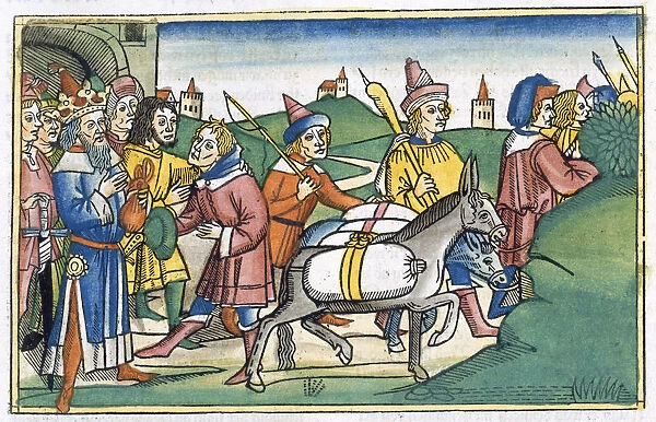 Joseph sends his brothers home with a supply of free food, 15th century